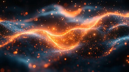 Obraz premium Abstract particle wave, glowing orange light, deep blue mist, scattered dot, energy field backdrop, cosmic radiance, festive magic on a transparent background, PNG image, PNG file.
