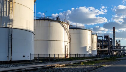 Obraz premium Industrial Storage Tanks Under Clear Blue Sky with Clouds Evening