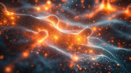 Obraz premium Abstract flowing shape with orange luminous particles against a dark backdrop, resembling cellular activity or energy waves, on a transparent background, PNG image, PNG file.