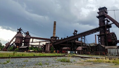 Fototapeta premium Industrial Architecture of Abandoned Steel Mill under Dramatic Sky