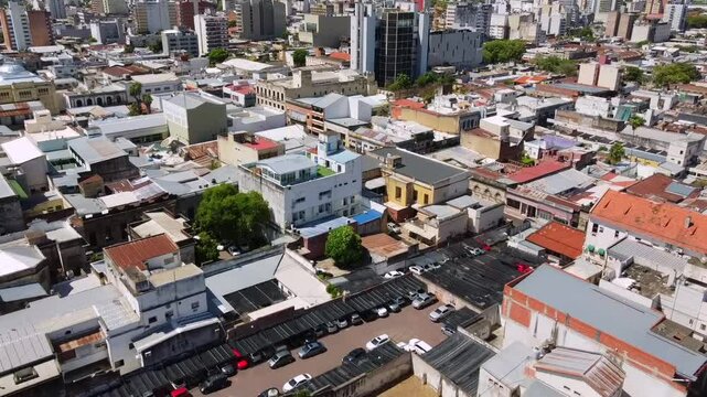 Impressive aerial shot with a drone moving backwards, showing the Corrientes skyline, highlighting the General Treasury, the Legislature, the Government House and a partial view of the plaza