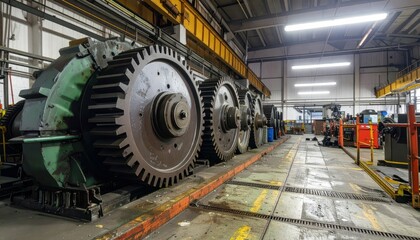 Fototapeta premium Large Industrial Gears in Manufacturing Workshop with Machinery