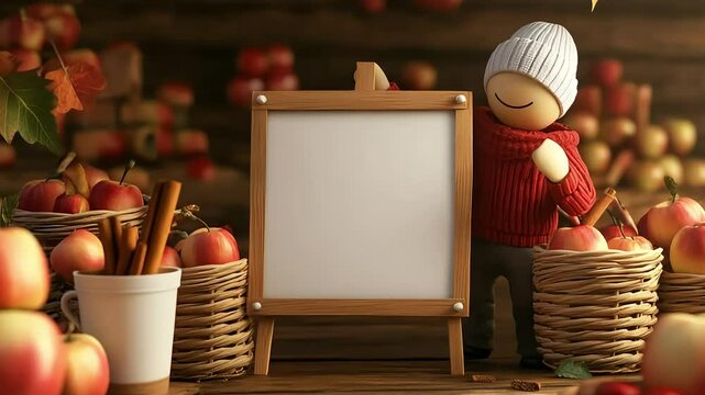 Cheerful character in a cozy setting surrounded by baskets of apples and cinnamon sticks, ready for autumn