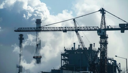 Industrial Landscape with Cranes and Emissions Under Cloudy Sky
