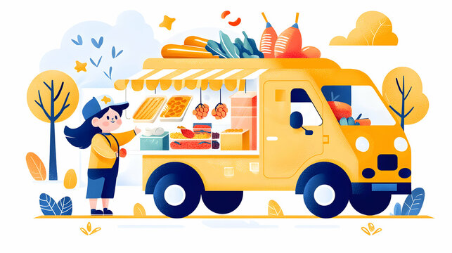 A cheerful food truck illustration offering various treats. Ideal for promoting culinary events or mobile food businesses. Appealing for social media and advertising.