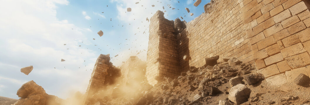 Destruction of Jericho. Crumbling medieval castle fort walls.