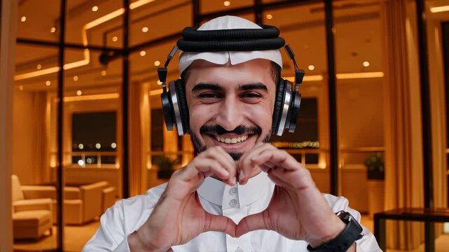 Smiling man in traditional attire with headphones making heart gesture with hands in modern indoor setting