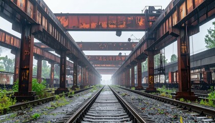 Obraz premium Abandoned Train Yard with Rusty Cranes and Overgrown Tracks