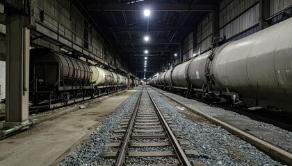Industrial Warehouse with Train Tracks and Freight Cars in Dark Space