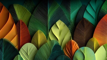 Multicolored abstract leaves in layered paper cut style on dark background.