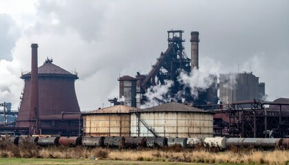 Obraz premium Industrial Complex with Smokestacks and Storage Tanks in Landscape