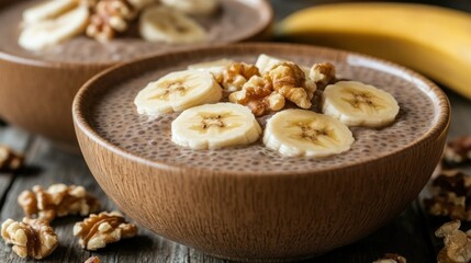 Chocolate chia pudding topped with bananas and walnuts
