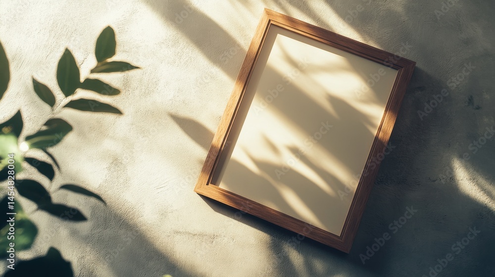 Poster subtle wooden frame casting a shadow on a neutral background, creating an elegant space for creative