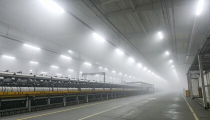 Obraz premium Industrial Interior with Fog and Bright Lights in Manufacturing Facility