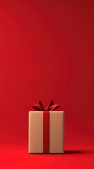 Obraz premium Beige Gift Box with Red Ribbon Bow Minimalist Present Holiday Surprise