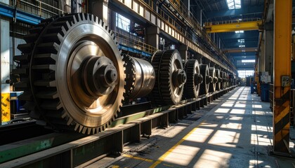 Naklejka premium Industrial Gear Production Line with Heavy Machinery in Factory