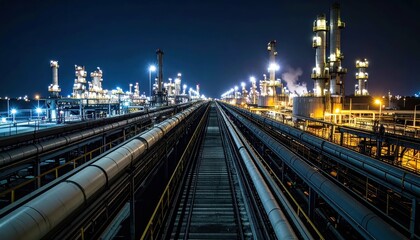 Nighttime View of Industrial Pipelines and Oil Refinery Facilities