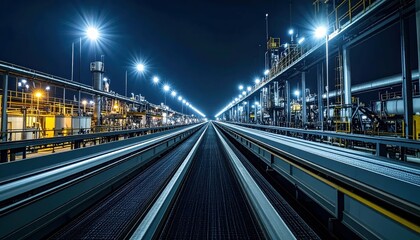 Fototapeta premium Nighttime Industrial Scene with Illuminated Railway Tracks and Facilities