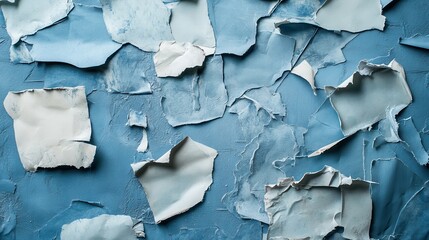 Fototapeta premium Textured blue backdrop featuring weathered paper scraps with artistic antique appeal