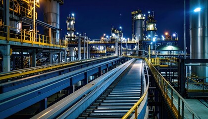Fototapeta premium Industrial Factory Scene at Night with Conveyor Belt and Equipment