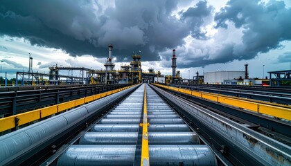 Fototapeta premium Industrial Pipeline with Stormy Sky at Factory Site