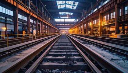Industrial Railway Tracks Inside a Large Warehouse at Dusk