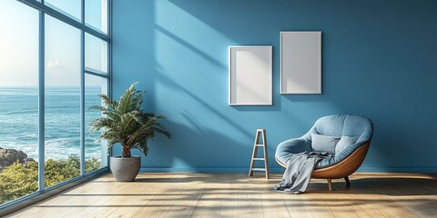 Coastal living room with blue accents and a comfortable armchair.
