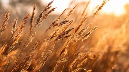 Golden Blurred Background of Tall Grass Swaying in Soft Light