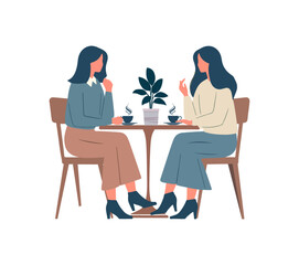 A warm illustration of friendship and conversation over cups of coffee.