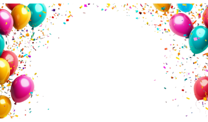 A vibrant birthday background with colorful balloons and confetti on Png Format and Transparent Background