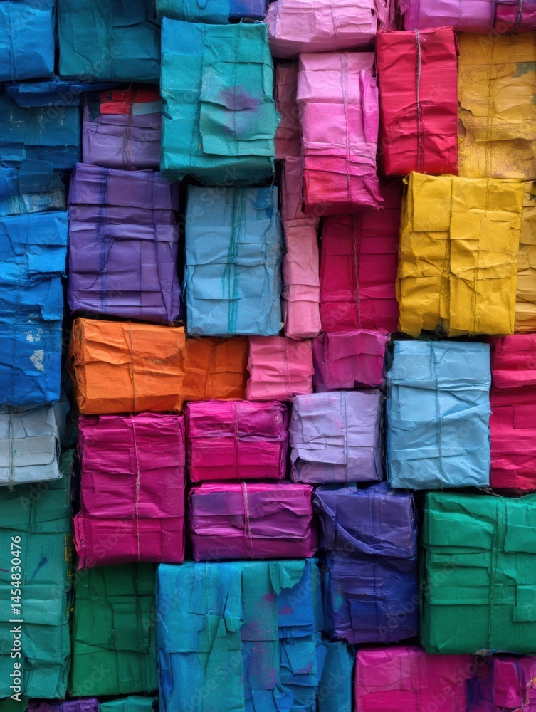 Poster Colorful Abstract Art Created From Flattened Delivery Boxes Showcasing a Vibrant Blend of Hues and Textures in an Urban Environment Generative AI