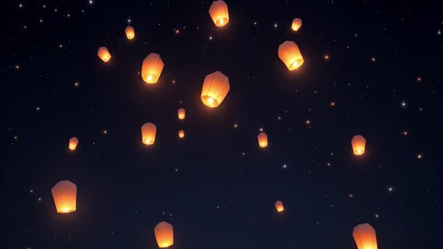 Traditional paper lantern floating into starry night sky during cultural festival with glowing light