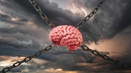 Realistic pink brain tangled in chain network under stormy sky