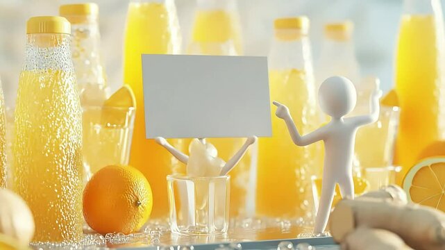 Playful cartoon figures presenting a blank sign amidst refreshing orange juice bottles and fruits