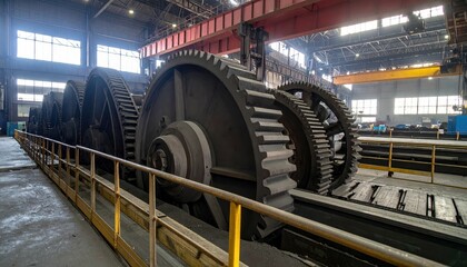 Obraz premium Industrial Gear System in a Large Manufacturing Facility Interior