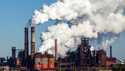 Naklejka premium Industrial Factory Emitting Smoke Against Clear Blue Sky