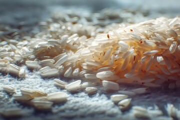 Close-up view of grains of rice, highlighting their texture and color variations.  Some grains appear slightly darker or more translucent than others.