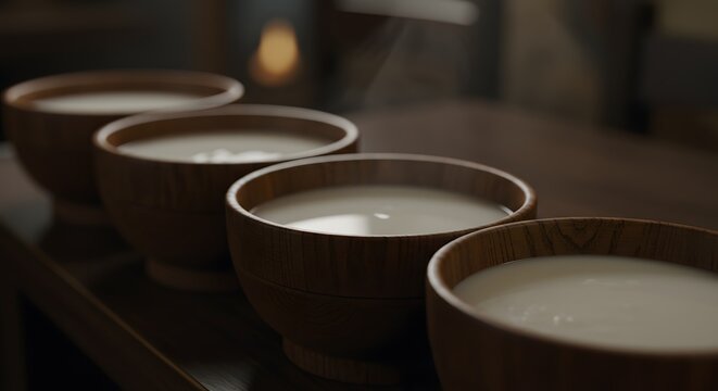 Makgeolli milky rice wine decanted into wooden bowls on a restaurant table