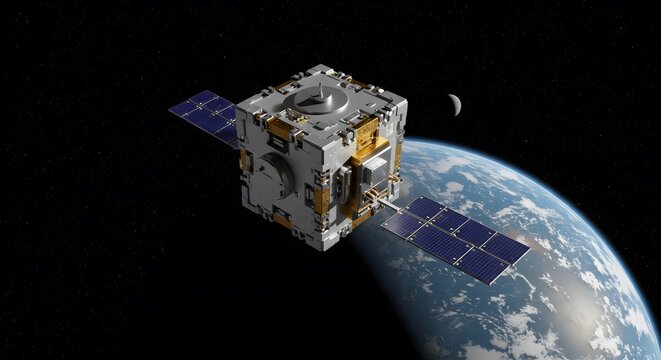 Satellite cube orbiting a stylized planet