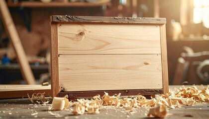Empty wooden crate on workshop table – Generative AI Image