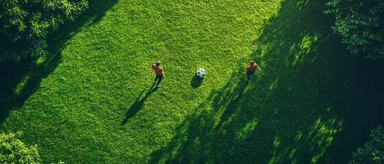 Two teenagers play soccer with soccer ball on expansive green grass, enjoying summer sport.