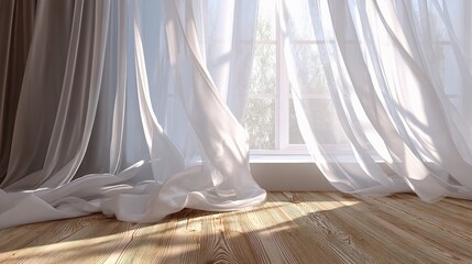 Soft White Curtains Blowing Gently in the Breeze by Window