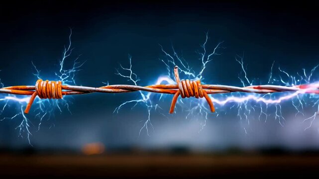 Crackling lightning bolt between metal rods &ndash; Intense, Electric &ndash; Spark trails around &ndash; Dark stormy sky with thunderclouds