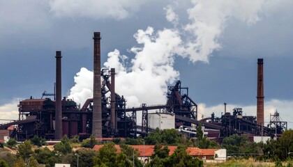 Fototapeta premium Industrial Landscape with Smokestacks and Dramatic Sky Overhead