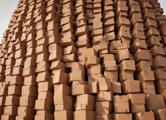 Fototapeta premium A towering pile of brown cardboard awaiting disposal , discarded, recycling, used