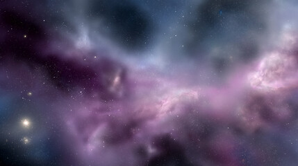 Vibrant cosmic nebula with swirling pink and purple clouds, stars, and dust