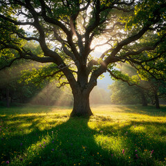 Fototapeta premium Sunlit Canopy A Majestic Tree Bathed in Golden Light
