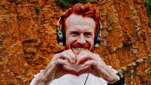 Smiling red-haired man with headphones making heart gesture with hands in front of rocky cliff outdoors