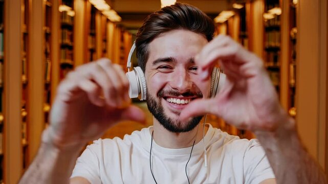 Smiling young man with headphones making heart gesture with hands in library aisle