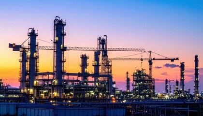 Industrial Complex with Tall Towers Against a Vibrant Sunset Sky